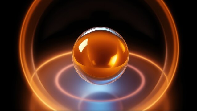 Glowing sphere floats above concentric rings. Orange hues dominate dark background. Abstract digital rendering, smooth gradients present.