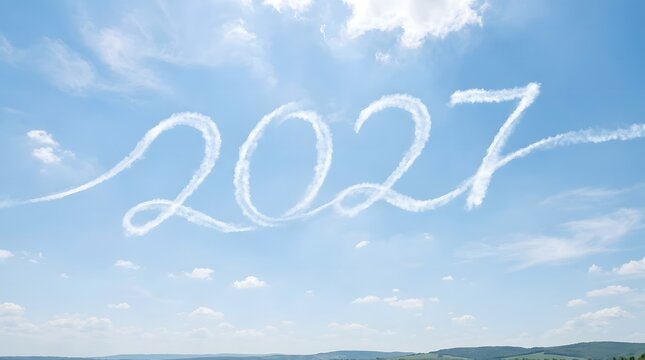 The year 2027 written in light against a beautiful blue sky with fluffy clouds