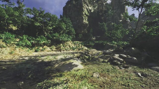 dry streambed with sundappled rocks and scattered driftwood, shallow water signs and lush banks, textured stone surfaces, hint of seasonal change