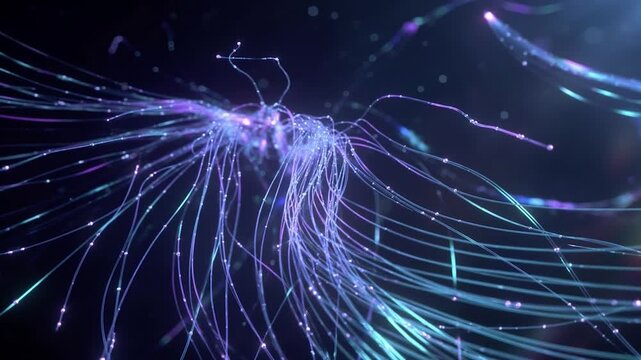 Luminous fiber optic strands transmitting glowing data particles through a network connection in an abstract digital world