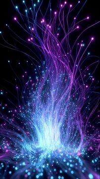 Glowing fiber optic cables transmitting data with light signals and particles in a digital network connection flowing upward