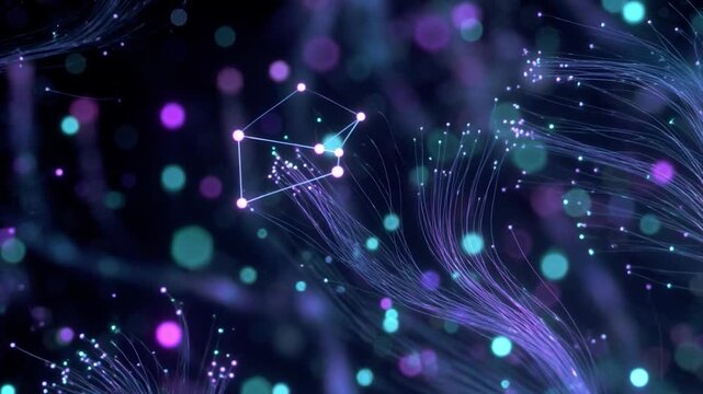 Abstract futuristic technology background with glowing particles forming a plexus network amidst flowing data streams and bokeh lights