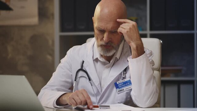 Overworked male doctor in his 50s types on laptop, stressed by workload