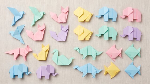 Abstract papercraft origami animal shapes collection flat lay