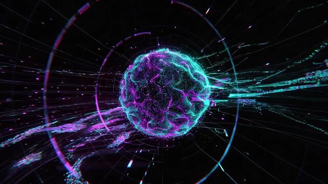 Futuristic particle sphere generating digital data streams in a high tech virtual world on a black background
