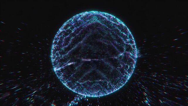 Digital particle sphere pulsating with futuristic energy, data visualization and network connection on a black background