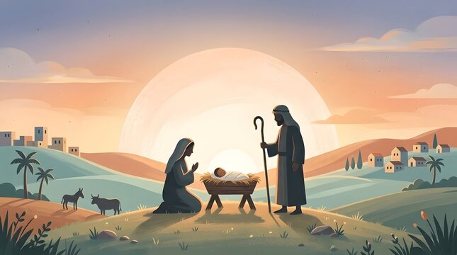 Fresh minimal children&rsquo;s illustration showing baby Jesus in a simple manger with Mary and Joseph silhouetted softly against an enormous rising sun, the surrounding Bethlehem landscape reduced to clean