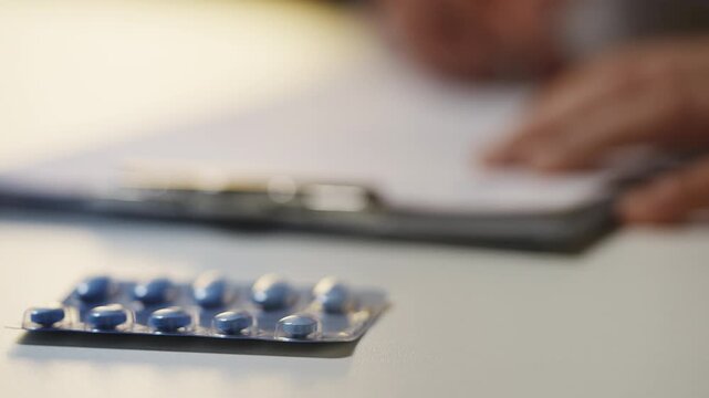 Urologist prescribes blue pills for a male patient, completing prescription form
