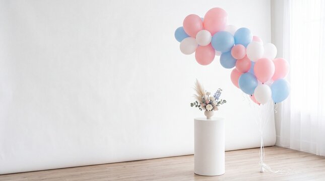 Pastel balloon garland with floral arrangement in minimalist studio