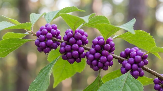 Bright purple beautyberry fruits growing on a green leafy branch in the garden. american beautyberry