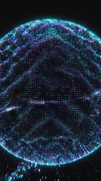 Luminous sphere with digital particles oscillating in a rhythmic wave pattern against a dark background, showcasing data flow