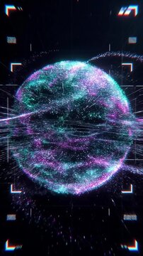 Digital particle sphere with futuristic hud elements creating a neon abstract background for big data and cyberspace concepts