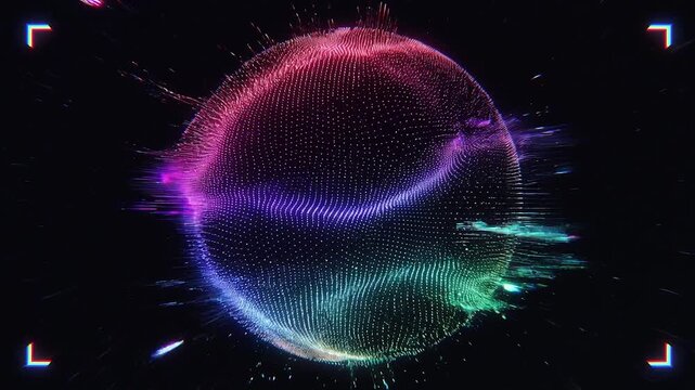 Futuristic sphere of flowing particles with digital glitch effects and neon waves of light on a black background