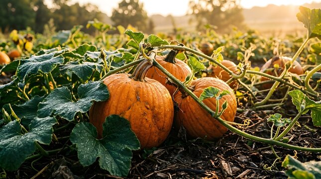 A plentiful autumn harvest features vibrant orange pumpkins spread throughout a thriving green garden basking in the warm golden sunlight
