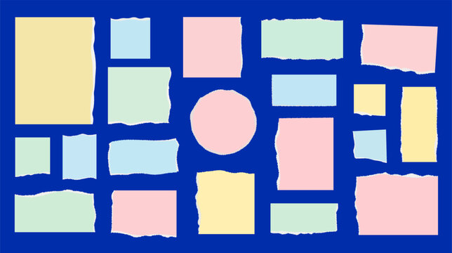 Colorful Torn Paper Frames Set Vector on Blue Background, Blank Pastel Ripped Note Paper Scraps Collection, Ripped Paper Edge Banner Template for Collage, Scrapbooking, Design