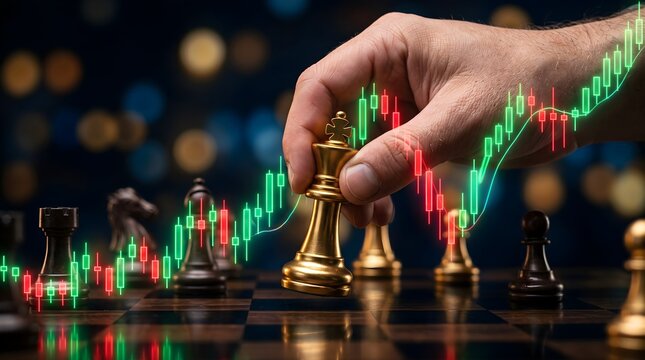 Hand moving a golden chess king on a board with glowing stock market candlestick charts and data visualization for financial investment strategy and success concept