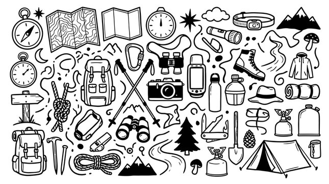 Hand drawn hiking and camping doodle elements collection including backpack, tent, compass and map