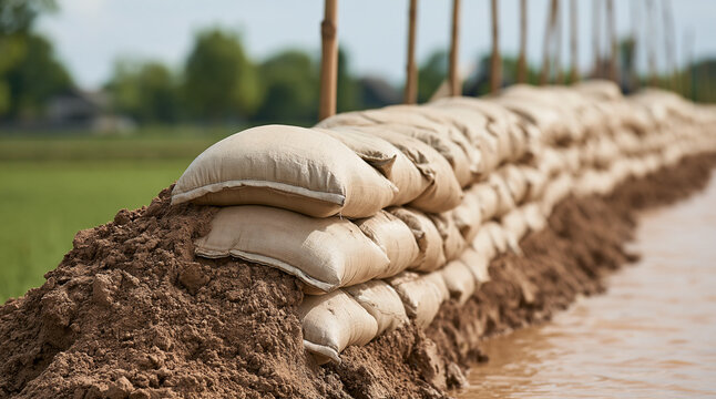 A protective sandbag wall built along a flooded riverbank under natural daylight. Ideal for flood prevention and emergency disaster relief concept background.