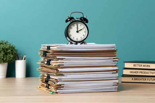 A black alarm clock sitting on top of a huge stack of paperwork on a wooden desk. Useful for business deadline and time management concepts.