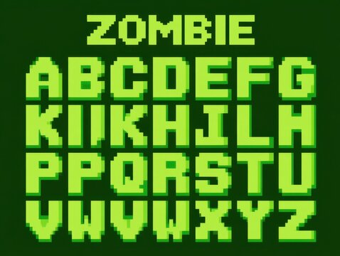 Bright green pixelated zombie font text with retro 8-bit style letters