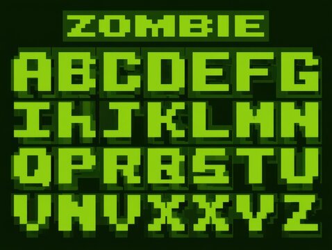 Bright green retro pixel zombie sign letters and numbers display