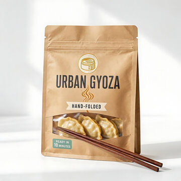 A paper packaging bag of urban gyoza with hand folded dumplings inside and chopsticks placed in front asian food japanese food frozen food asian cuisine prepared foo