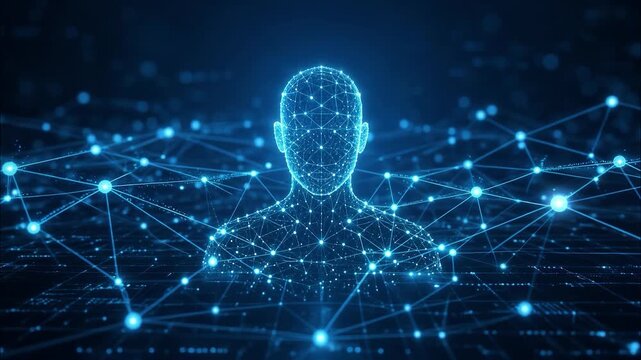 Digital humanoid avatar floating in a blue global network and data information technology abstract background