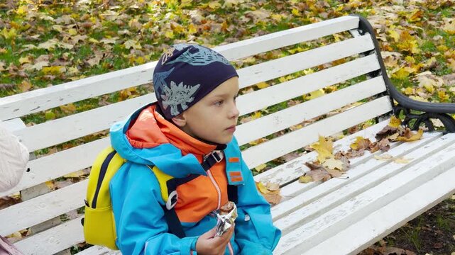 A young boy sits thoughtfully on a white bench, holding a snack. Autumn leaves bring cozy warmth around him in the park. He enjoys a calm day in Pushkin, Saint Petersburg.