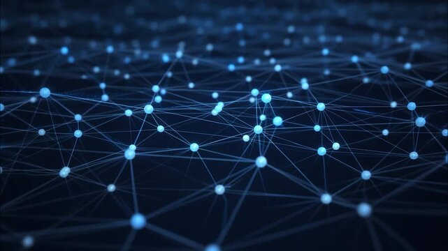 Abstract technology network connecting data points with glowing blue nodes and digital communication links moving in a plexus structure
