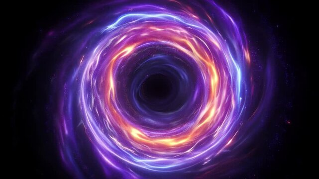 Luminous swirling wormhole pulling matter with gravity in a purple and orange cosmic vortex in deep space with glowing stars
