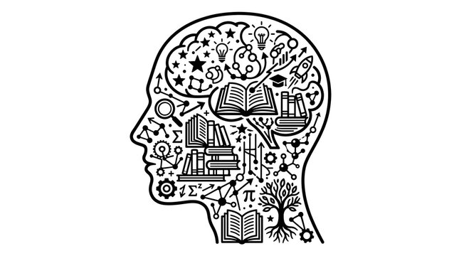 Human Head Profile with Education Icons: Brain, Knowledge, Learning and Creative Mind Concept