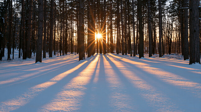 Bright winter sun shines through tall pine trees casting long shadows on snowy ground. Scenic nature background for seasonal holiday cards and banners.