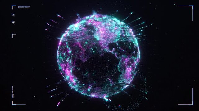 Futuristic digital earth globe rotating with hud elements showing global data analysis and network connections on a black background