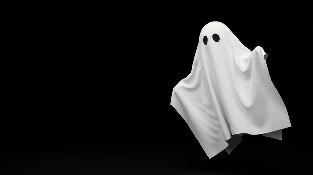 Cute ghost floating in the dark with copy space