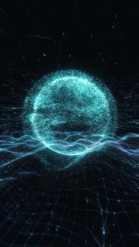 Digital sphere pulsating over a futuristic wireframe grid in a virtual reality environment representing big data technology