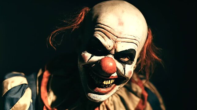 Terrifying vintage clown with a pale bald head, thin red side hair, exaggerated black eye makeup, round red nose and sinister toothy grin emerging from deep darkness, Halloween horror concep