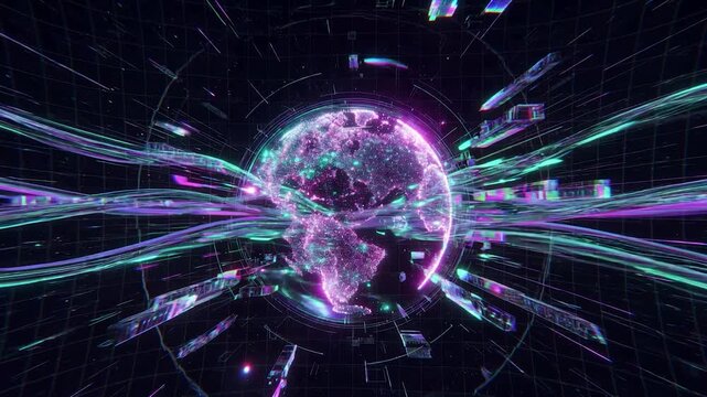 Digital earth revolving in cyberspace showing data streams, global network, and future technology connecting the planet