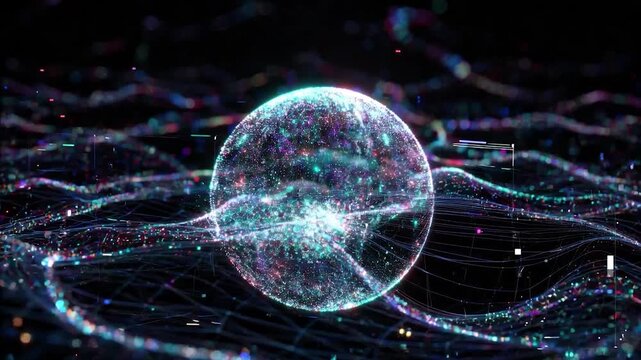 Abstract particle sphere pulsating in a digital landscape of flowing data and glowing quantum connections on a dark background