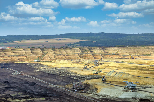 Open Pit Coal Mine with Heavy Machinery and Terraces in Kostolac, Serbia