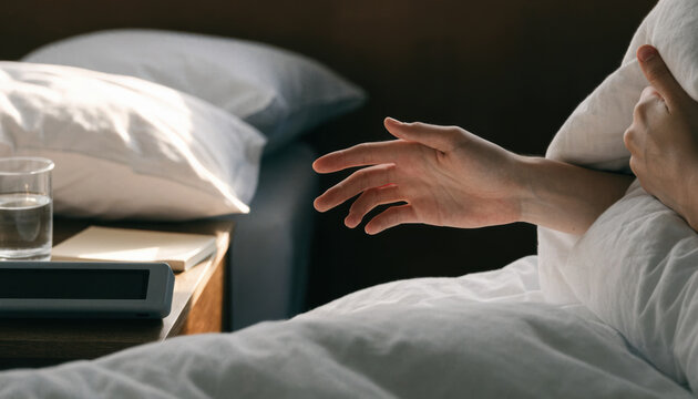 Hand bed morning relax rest comfort pillow blanket bedroom sunlight calm morning scene with hand resting white bed, pillow and blanket soft sunlight near bedside glass of water and digital device