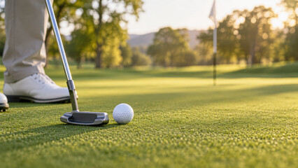 Obraz premium Golfer preparing to putt a golf ball on a green with a flagstick in the distance during a sunny day.
