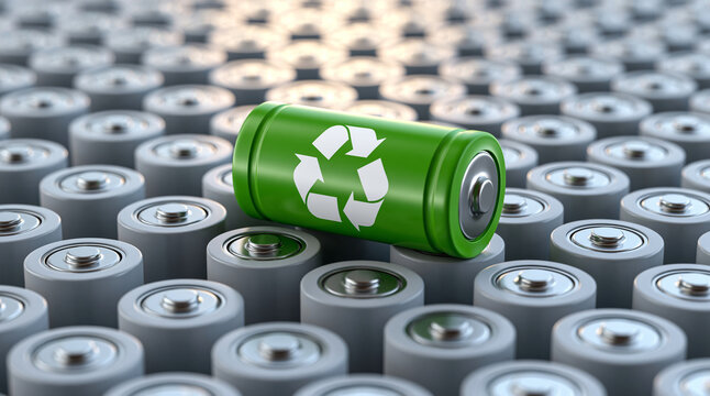 A green recycling battery stands out among many standard gray batteries in bright lighting. Perfect for renewable energy and environmental sustainability concepts.