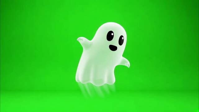 Cute cartoon ghost character appearing, flying and disappearing on a green screen background for chroma key compositing