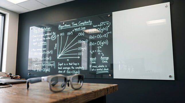 Whiteboard explaining algorithmic time complexity in office setting