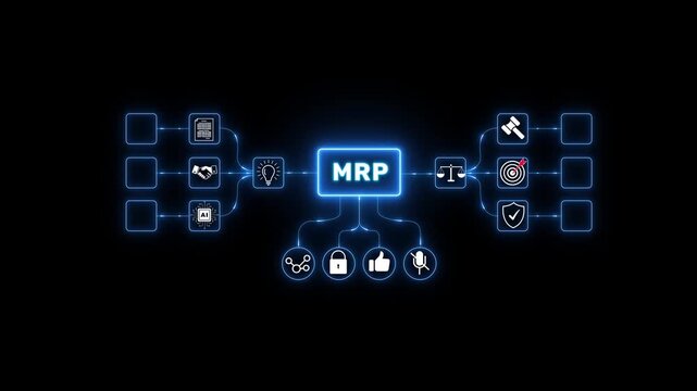 Futuristic digital interface showing mrp text in glowing blue circle, surrounded by hexagon icons for manufacturing planning, analytics, automation, security on Motion graphic 4k animation video.