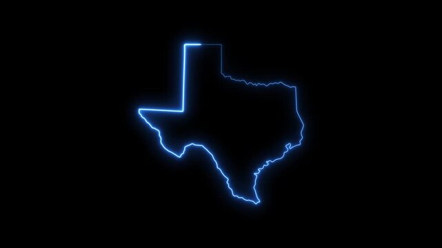 Glowing neon texas state map outline, blue electric light silhouette on black background, for business and, travel concepts