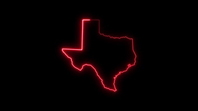 Glowing red neon outline map of texas state, animated digital border on black background