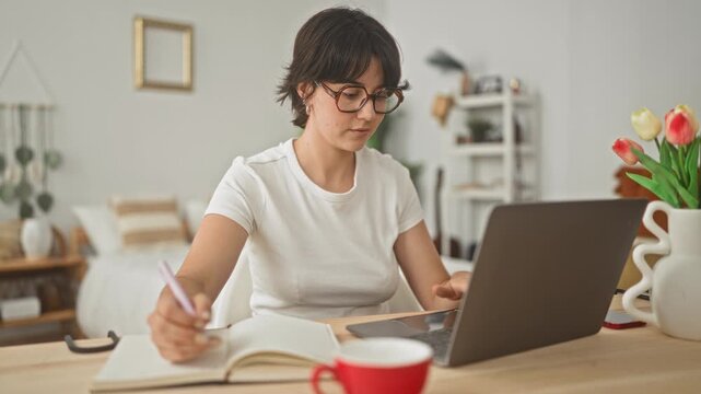 Young woman writes notes with pen and laptop at a bedroom desk, hand on notebook and glancing at screen near tulips and bookshelf; concentration.