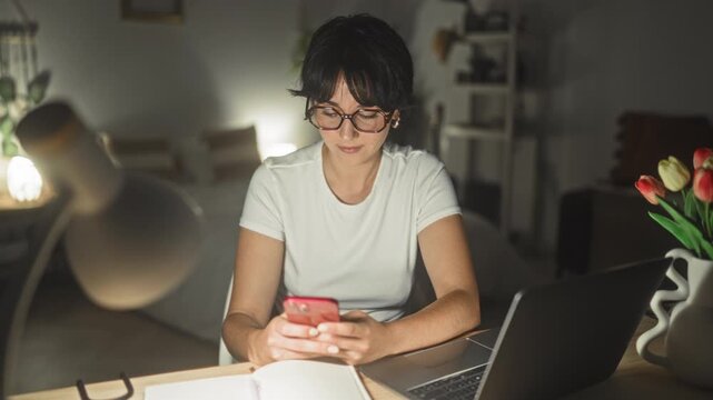 Woman holds a smartphone and texts at a wooden desk with an open laptop in a building, smiling and scrolling with both hands while a lamp glows nearby; calm focus.