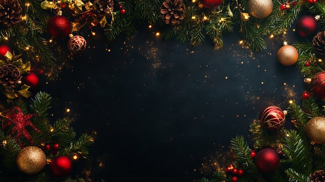 Festive fir branches, vibrant ornaments, and golden pinecones framing dark surface, perfect holiday background concept